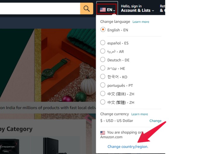 Amazon Website Change Country Options